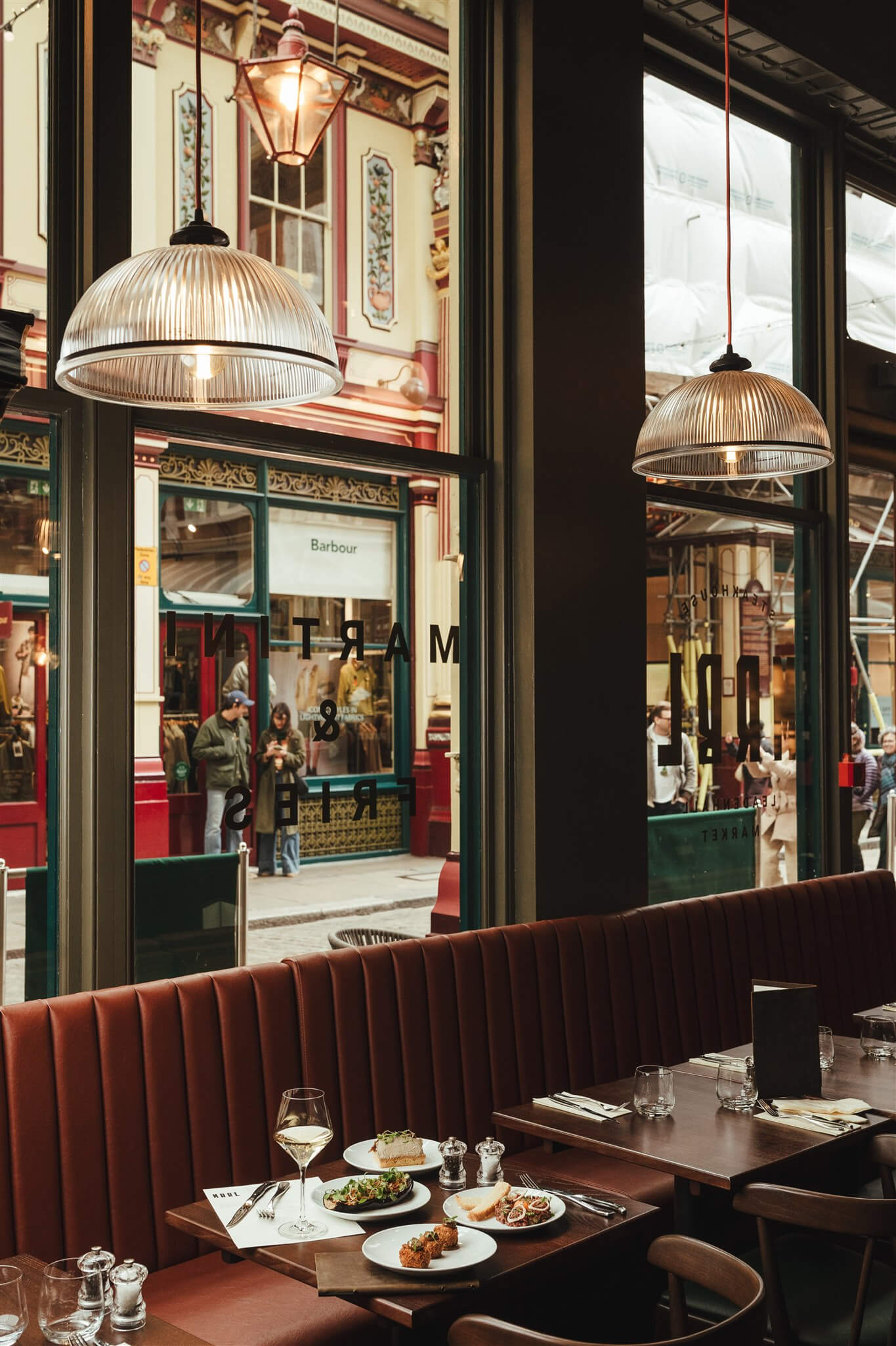 Martini & Fries window decal, pendant lamps and Leadenhall beyond